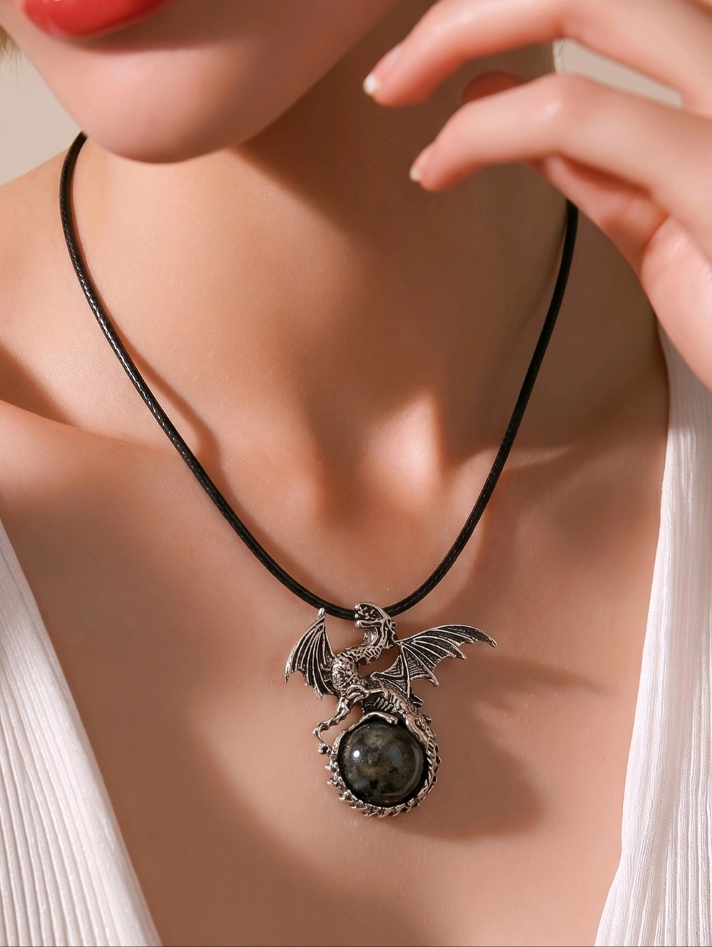 Labradorite Dragon Pendant Necklace Gothic Fantasy Mystic Dark Statement Jewelry